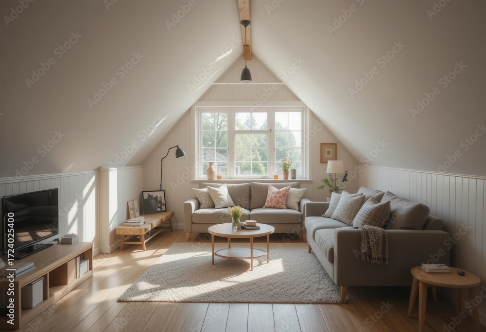 Fototapeta premium Sun drenched Small Living Room Design with Efficient Loft Conversion Minimalist Decor.