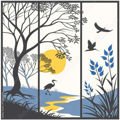 Nature landscape art print with trees birds sun and river for home decor and wall art illustration