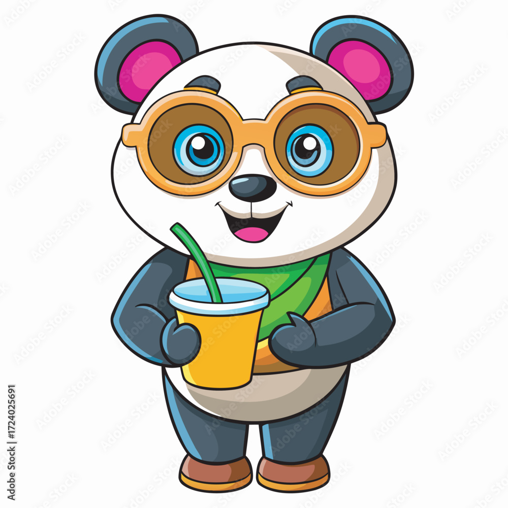 Fototapeta premium Cartoon panda bear with sunglasses enjoying a refreshing drink
