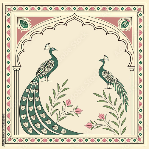 Elegant indian art with peacocks and floral design in traditional mughal style illustration vector art