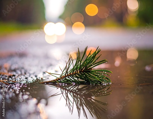 Fototapeta Naklejka Na Ścianę i Meble -  A small pine sprig rests in a puddle at night