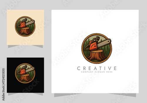 chainsaw logo tool, Chainsaw on Tree Stump Logo vector design 