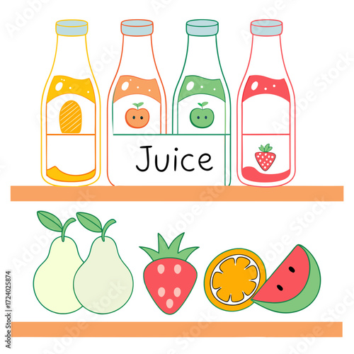 Illustration of fresh fruit juice bottles on shelf with pears strawberry orange and watermelon for healthy diet