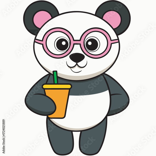 Adorable panda bear with pink glasses and a drink