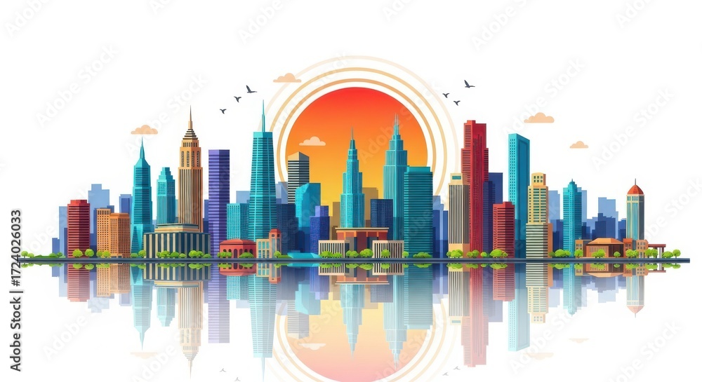 Obraz premium Vibrant Cityscape Under a Warm Sunset Reflection on Water