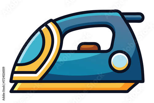 Cartoonish iron shows a blue gradient body and a yellow sole on an isolated background