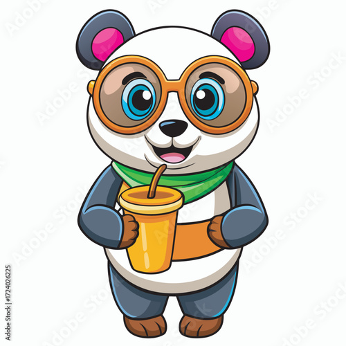 Cartoon panda with glasses holding a drink with a straw and smiling