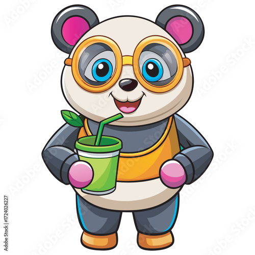 Cute cartoon panda with glasses holding a green drink and smiling