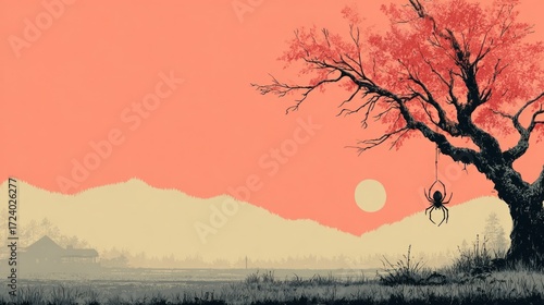Silhouette of a spider hanging from a web, halloween vector