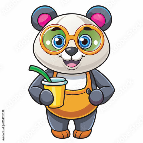 Adorable panda bear holding a drink with straw and wearing orange overalls