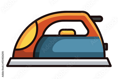 Orange top and blue base clothes iron rests on a white background