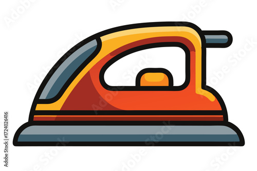 Stylized orange flat iron presents classic household pressing appliance with rounded forms and outline