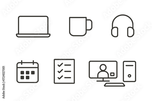 Collection of modern line art icons representing remote work and office essentials for digital design