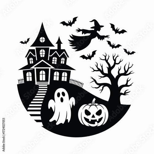 Halloween Scene with Haunted House Black and White Illustration Isolated Vector Art