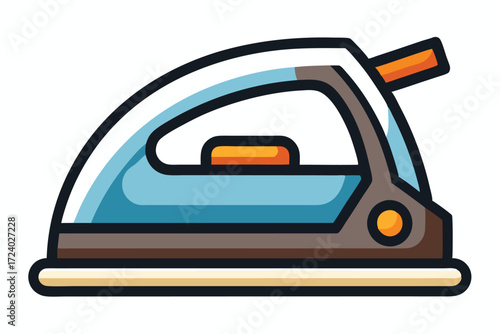 An appliance shows an iron in blue and orange on white background