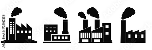 Factory Building Icon Set – Industrial Plant Silhouette and Outline Vector Symbols
 with Chimneys and Smoke for Manufacturing and Industry Design