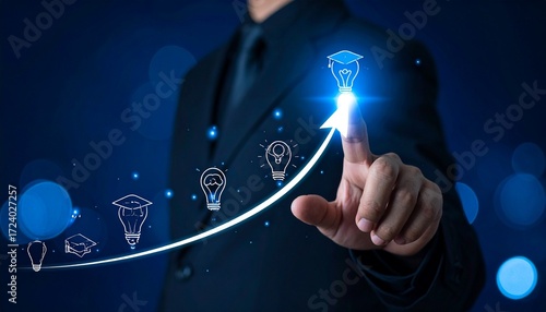 A businessman's hand points to a glowing graduation cap icon on a rising graph, symbolizing educational growth and success.