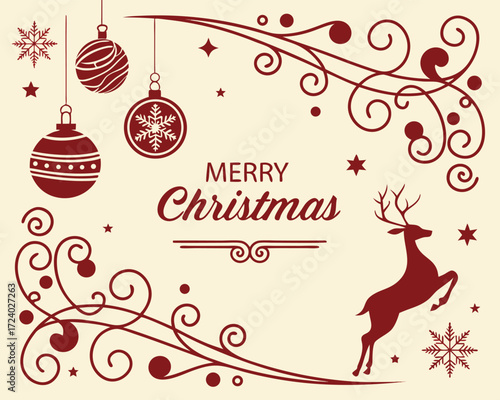 Festive Christmas Card Design with Reindeer Ornaments and Swirls Ideal for Holiday Greetings