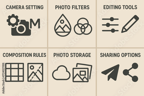 Creative photography and editing icons representing camera settings filters composition storage and sharing