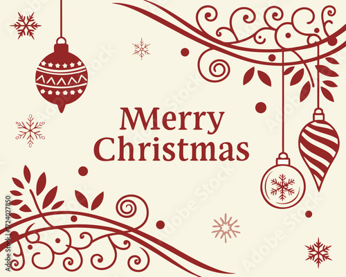 Elegant Merry Christmas Card Design with Ornaments and Swirls for Holiday Greetings and Festive Celebrations