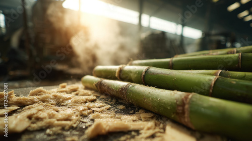 Fresh sugarcane stalks on processing table with fibrous shavings and warm sunlight