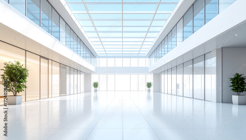 Obraz premium A sunlit, expansive empty hall in a modern commercial building, featuring a pristine white interior, reflective floors, and a glass skylight ceiling
