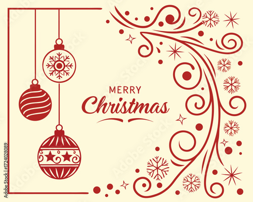 Festive Merry Christmas Card Design with Ornaments and Swirling Patterns Celebration and Holiday Spirit