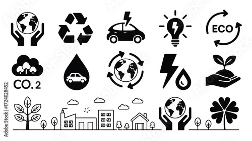 Environmental icons depicting earth care recycling electric vehicles and green energy