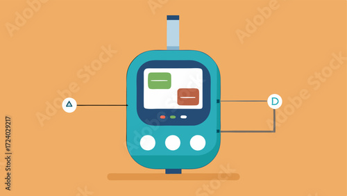 Educational Angle A graphic showing a side profile of the glucose monitor with labels explaining its different parts such as the sensor display and power button.