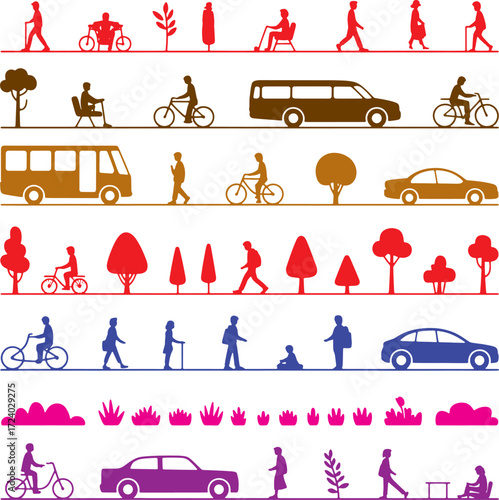 A versatile vector set featuring urban and landscape elements in both silhouette and outline styles. Includes people walking, sitting, cycling, and standing, along with vehicles such as cars, buses, b