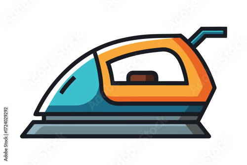 Stylized cartoon iron with orange handle and a grey base sits isolated on white