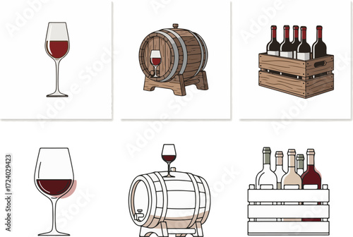 Various Wine Illustrations Featuring Glasses, Barrels, Bottles, and Crates