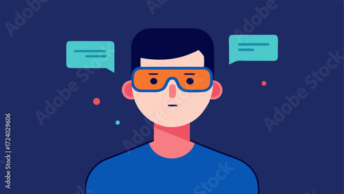 Eye Strain Alert An illustration showing a person squinting while wearing smart glasses with popup notifications indicating high eye strain levels.