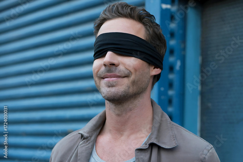 A blindfolded man standing against a blue textured