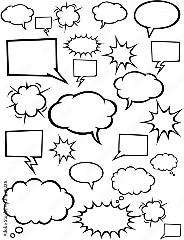 Fototapeta premium A collection of various blank comic book speech bubbles and thought bubbles, ready for text.