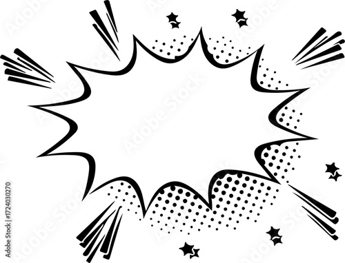 A black and white comic book style speech bubble with radiating lines and stars.