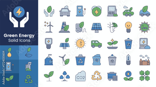 Green energy icons featuring renewable resources and eco friendly transportation renewable energy