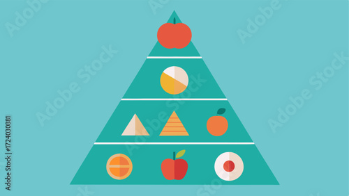 Food Pyramid with Gene Symbols A food pyramid integrated with simple icons representing different genes indicating tailored food choices based on genetic makeup.