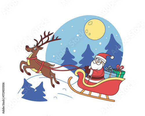 Festive Santa Claus riding in a sleigh with reindeer delivering presents in a snowy winter landscape cartoon illustration