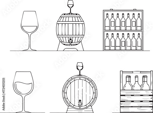 Set of Wine and Winery Line Art Illustrations with Glasses, Barrels, Bottles, and Racks