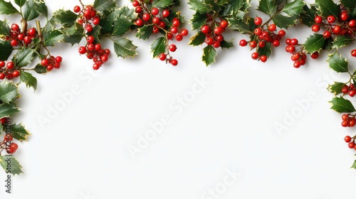 christmas holly border with red berries and green leaves framing white space for festive holiday design