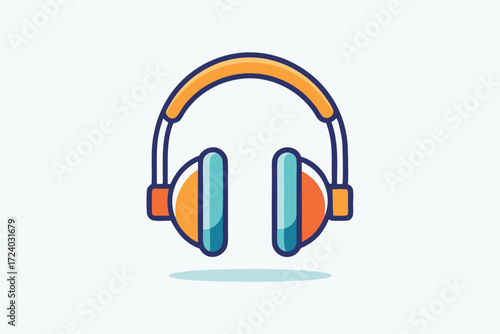 Stylized orange headphones with a blue accent are displayed against a clean white backdrop