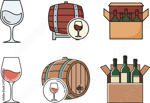 Wine Themed Icons Featuring Barrels, Glasses, and Bottled Products