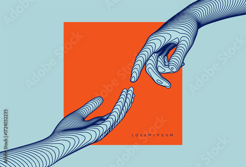 Hands reaching towards each other. Concept of human relation, togetherness or  partnership. 3D vector illustration. Can be used for advertising, marketing or presentation.