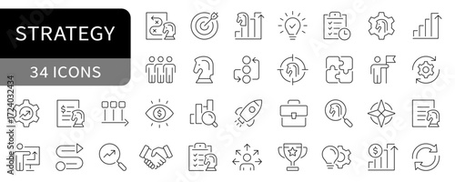 Strategy simple line icons. Business strategy editable stroke icon set. vector