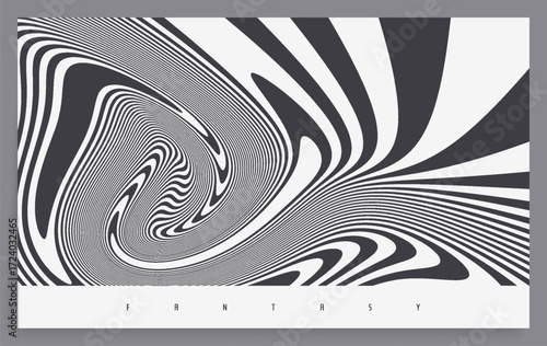 A psychedelic pattern of distorted lines. Striped background. Black and white design. 3D illustration for brochure, poster, cover, card, presentation, flyer or banner.