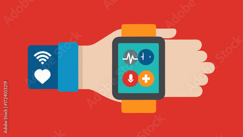 CloseUp on Wrist A closeup illustration focusing on a wrist adorned with a stylish smarch showing icons for pressure oxygen levels and heart rate.