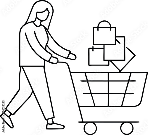 Woman pushing a shopping cart full of shopping bags illustration design