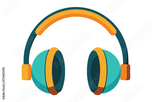 Teal and yellow cushioned headphones sit centrally against a crisp white canvas perfectly showcasing the audio equipment