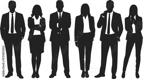 Business professional silhouette icon set, corporate attire figures, black design illustration, career and office symbols, team collaboration graphics, workplace diversity visuals